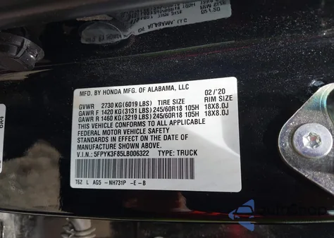 2020 Honda Ridgeline Black Edition из США, поврежденный, VIN 5FPYK3F85LB006322